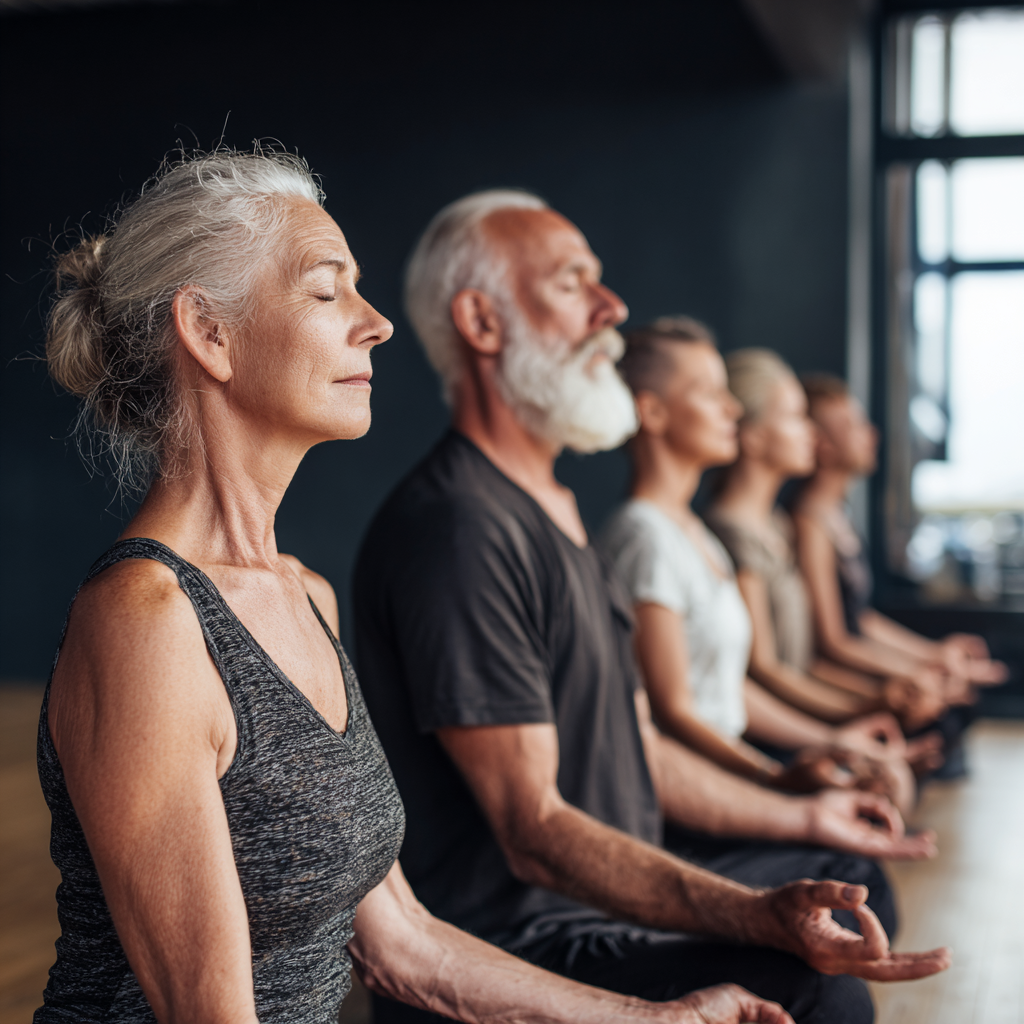 experienced yoga instructor guiding mature adults in peaceful meditation session
